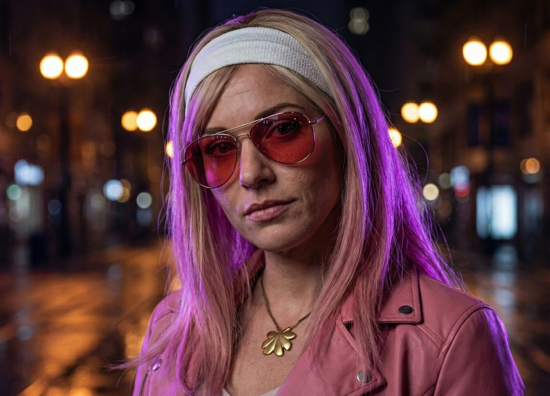 Femme aux longs cheveux blonds et roses, bandeau blanc, lunettes aviateur rosées et veste en cuir rose, bokeh ambré