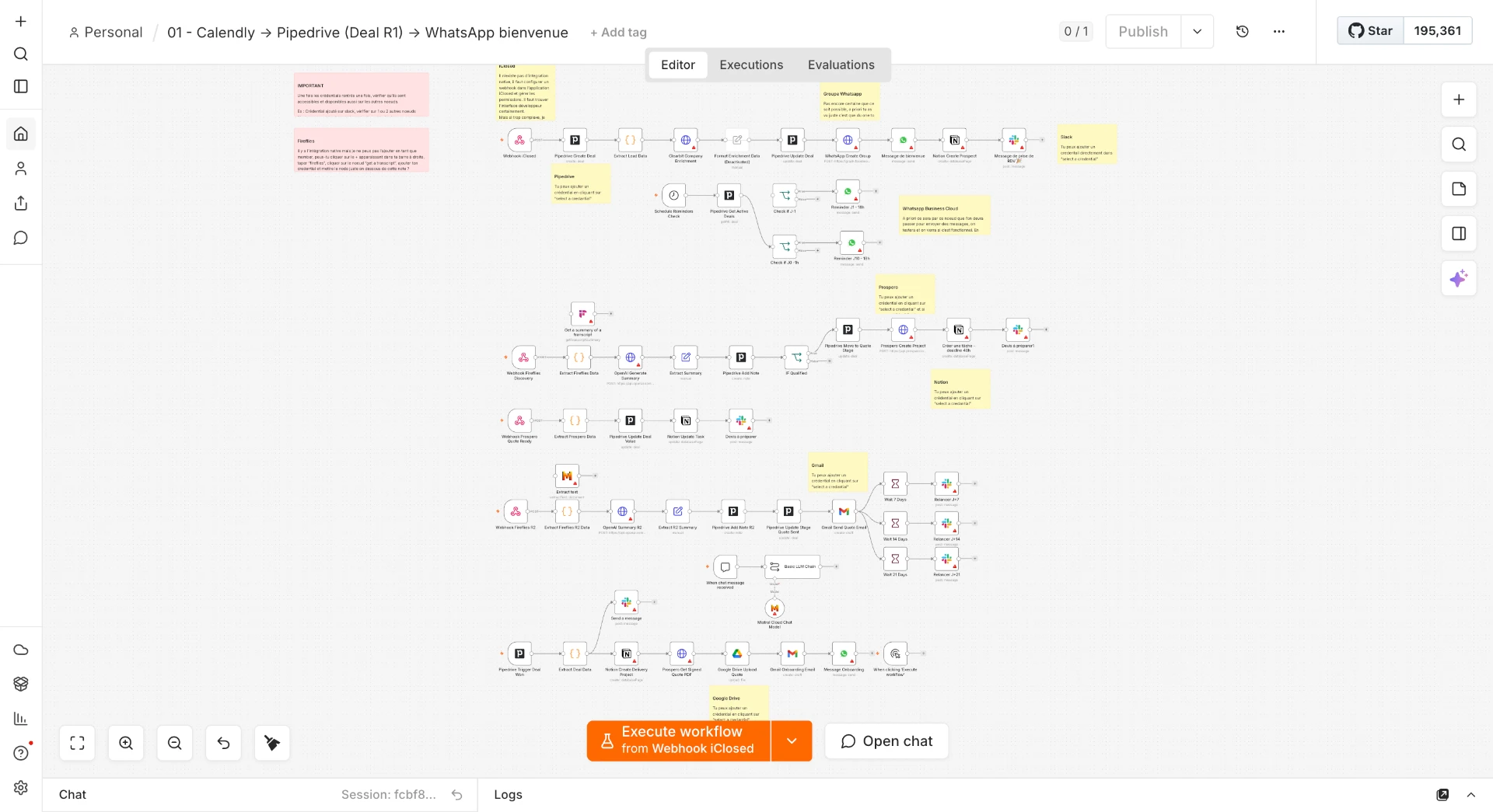Workflow technique · Calendly → Pipedrive → rappel WhatsApp