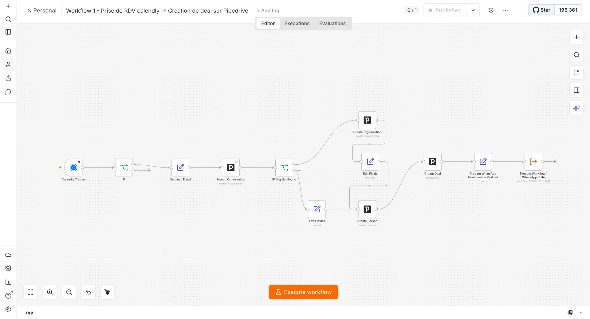 Workflow · prise de rendez-vous Calendly → création de deal Pipedrive