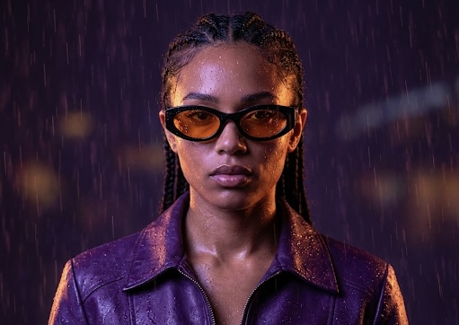 Femme aux tresses avec lunettes aux verres ambrés et veste en cuir violet sous la pluie, fond sombre