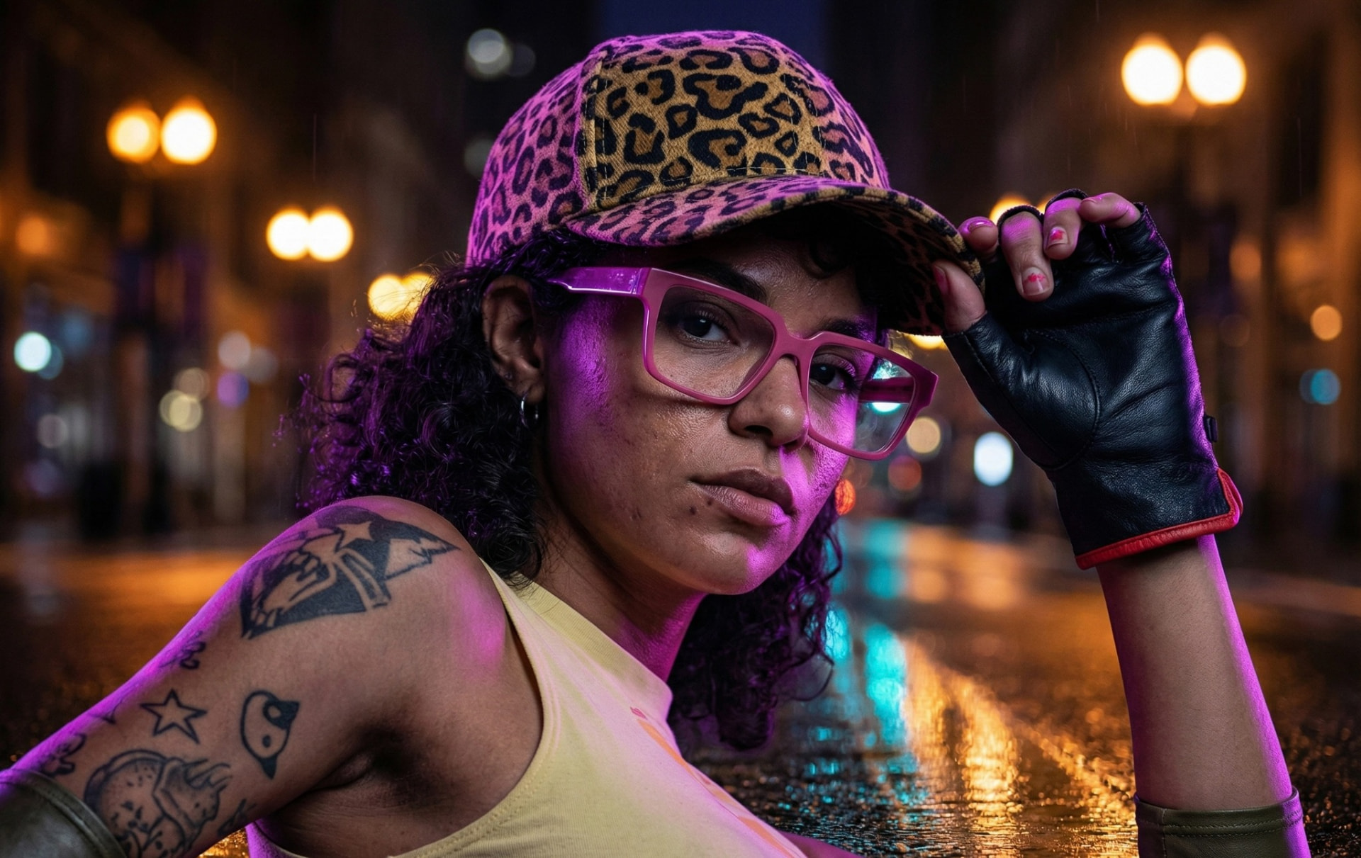 Femme aux cheveux bouclés avec casquette léopard, lunettes roses et mitaine noire, rue nocturne aux lampadaires ambrés