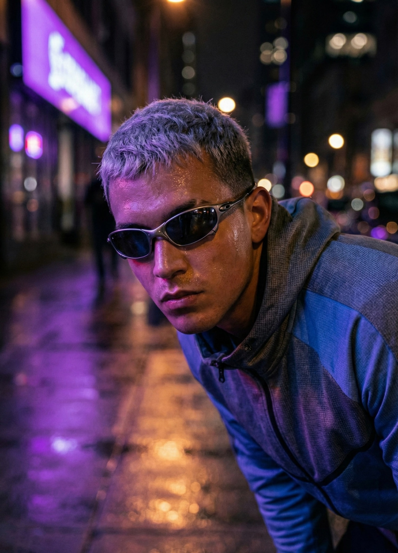 Homme aux cheveux courts décolorés et lunettes argentées penché vers l’objectif sur un trottoir mouillé éclairé de violet