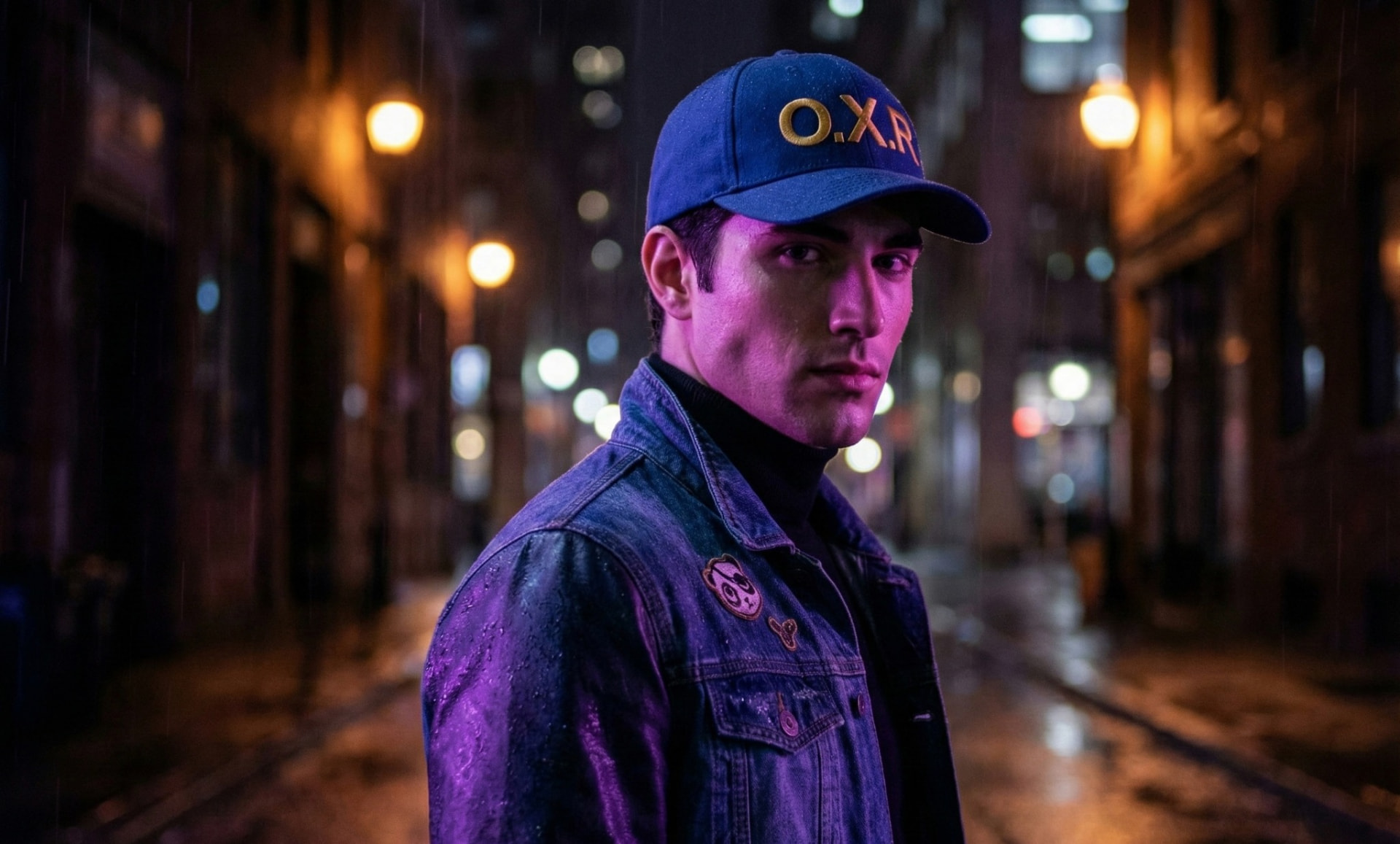 Homme en casquette bleue brodée et veste en jean mouillée dans une ruelle nocturne sous la pluie