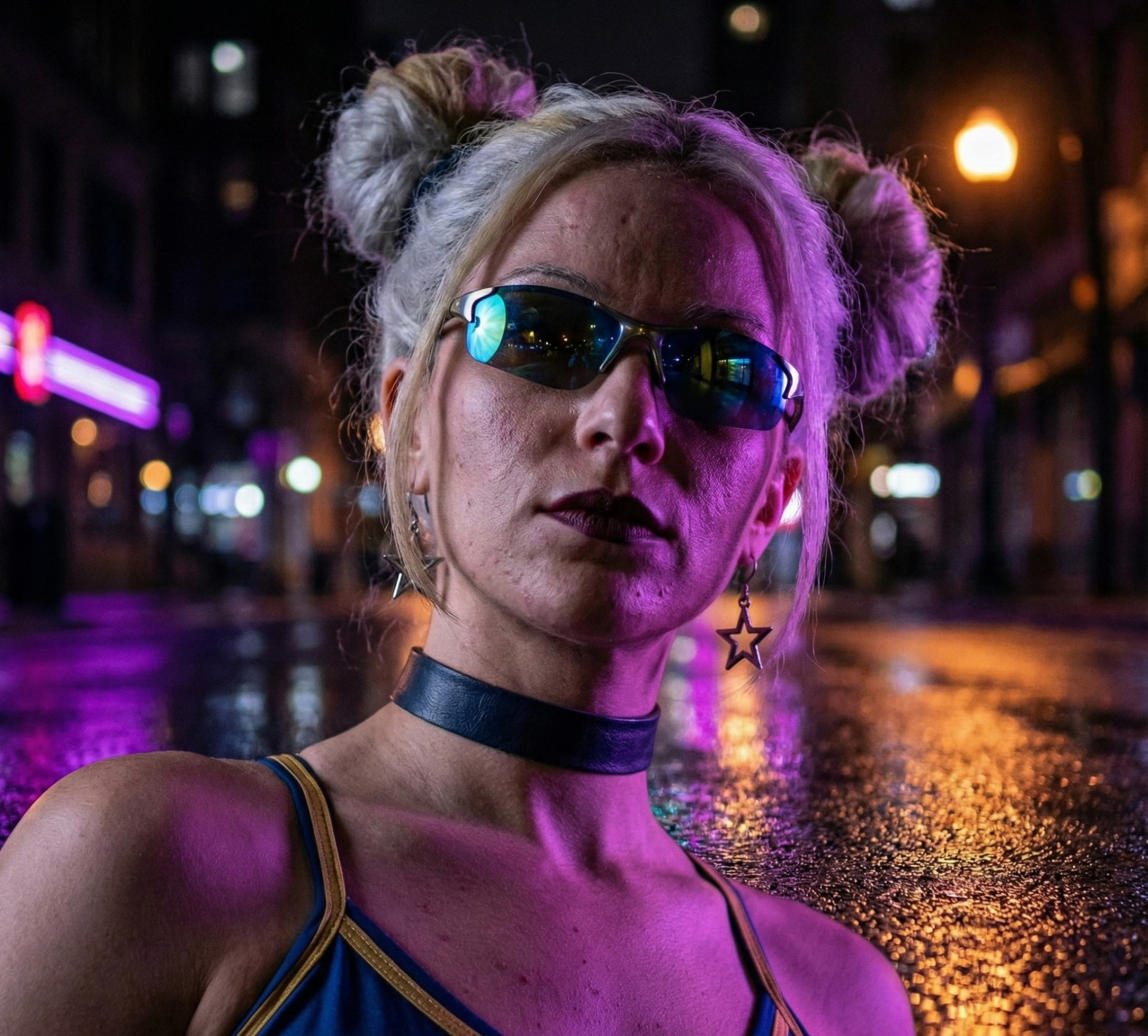 Portrait de nuit d’une femme aux cheveux clairs coiffés en deux chignons, lunettes de soleil miroir et ras-de-cou, sous une lumière magenta, rue mouillée et néons flous