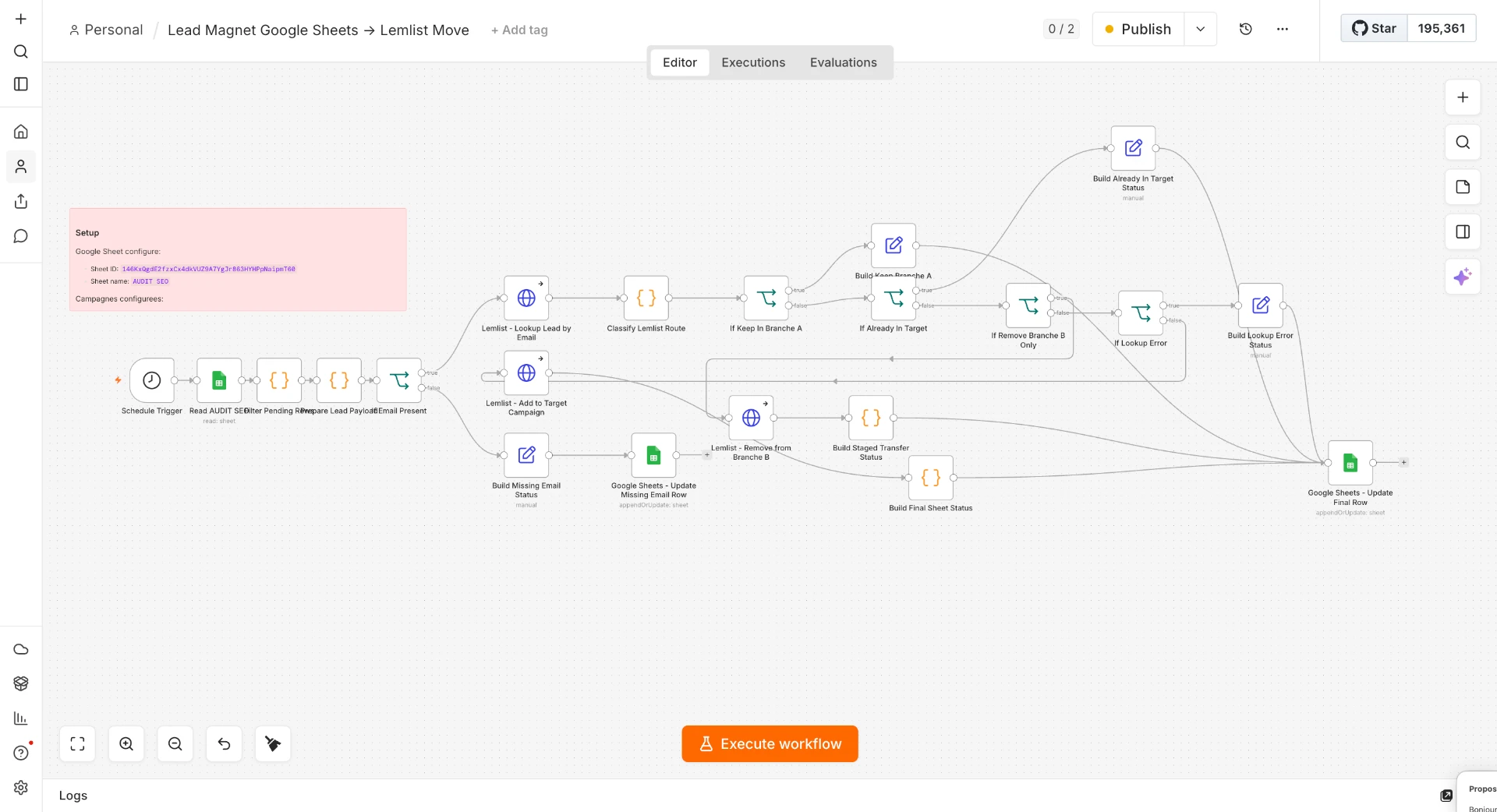 Workflow technique · Google Sheets → qualification et routage → Lemlist
